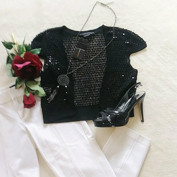 SALE! NWT BCBGMaxAzria Black Silk Sequin Cardigan - Picture 2 of 8